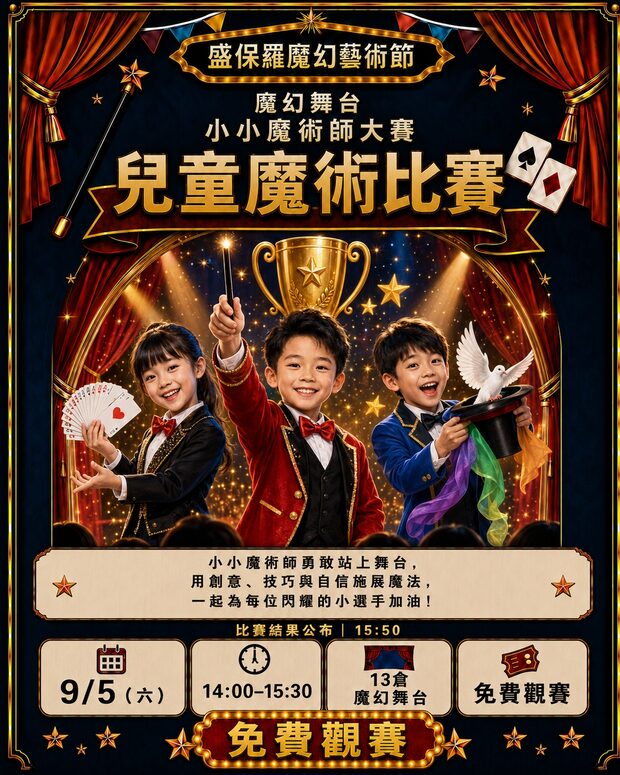 兒童魔術比賽｜9/5（六）14:00-15:30　13 倉魔幻舞台　免費觀賽