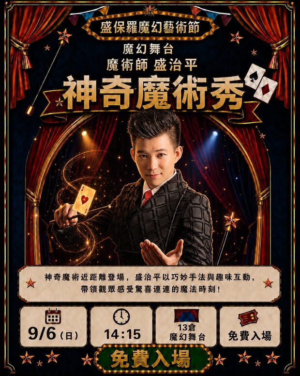 盛治平 神奇魔術秀｜9/6（日）14:15　13 倉魔幻舞台　免費入場